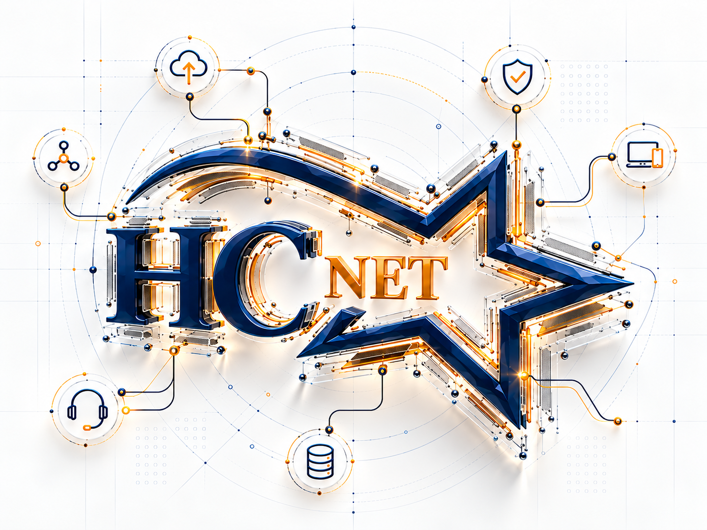 סמל HCNet מפורק לשכבות תלת־ממד, עם קווים המחברים רשתות, מחשבים, אבטחת מידע וגיבוי